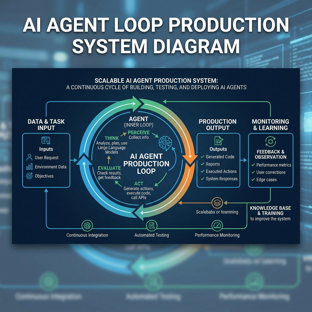 Diagram of scalable AI agent production loop with data input, agent actions, output, and feedback process